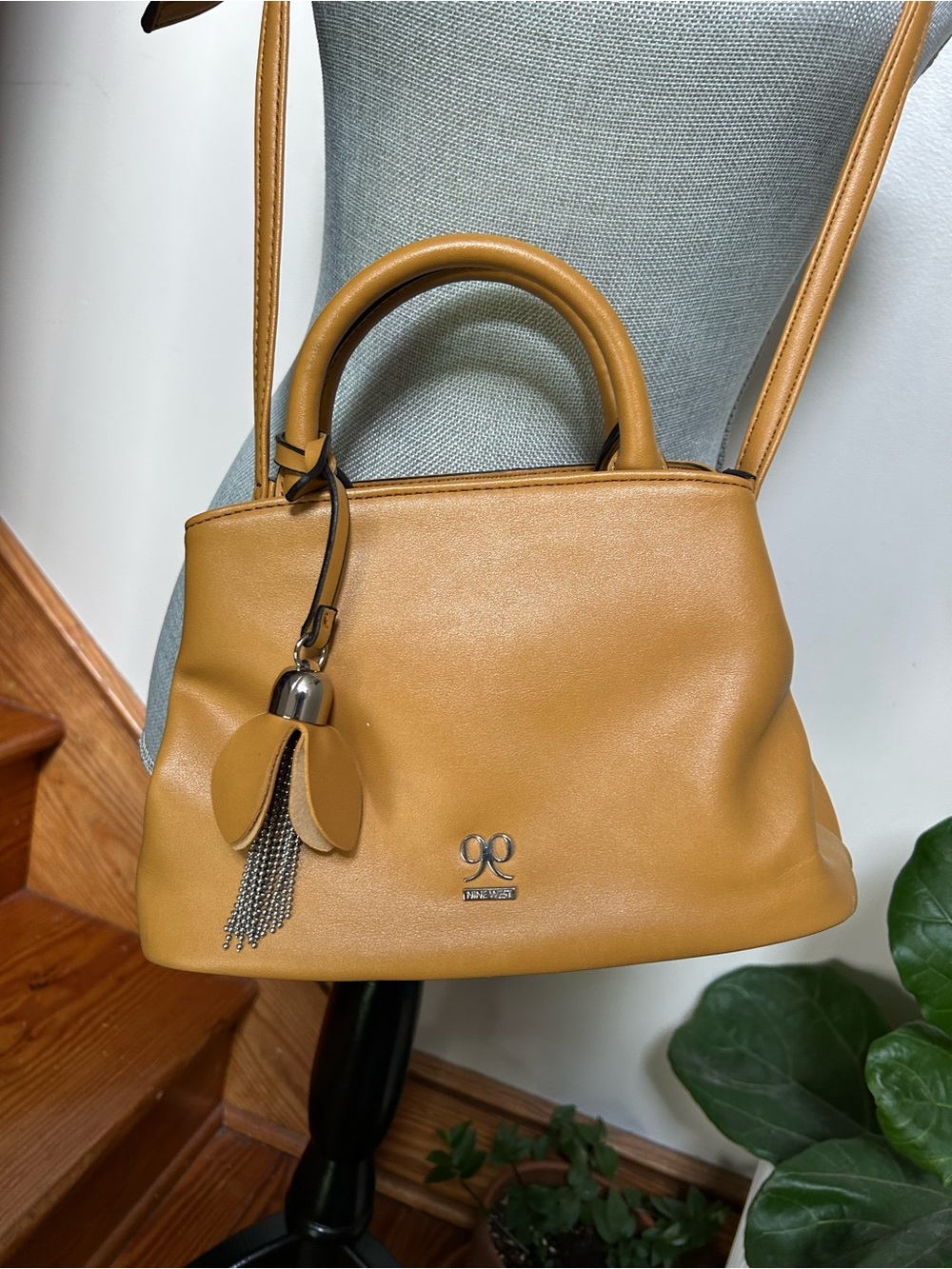 Nine West Mustard Yellow Leather Satchel with Tassel Charm